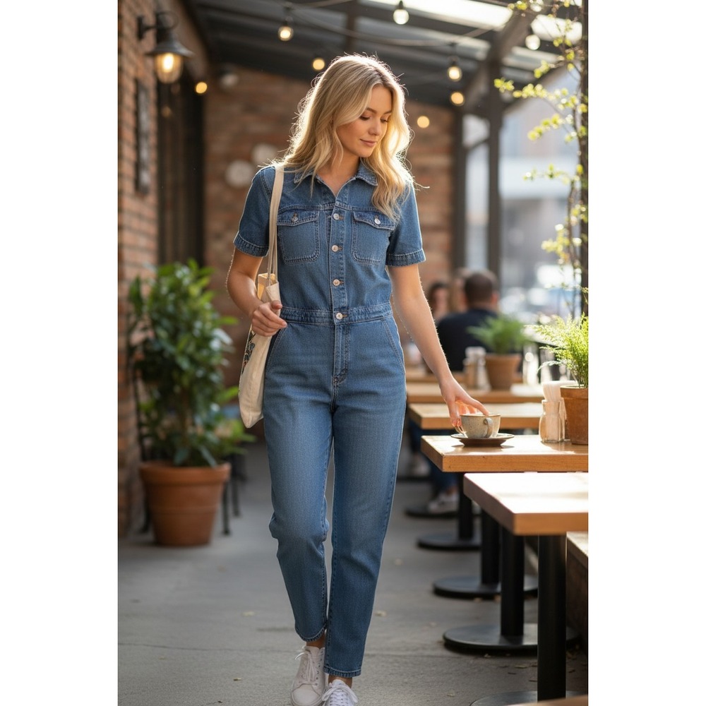 We The Free Denim Jumpsuit XS Short Sleeve Collared Button Up Casual
